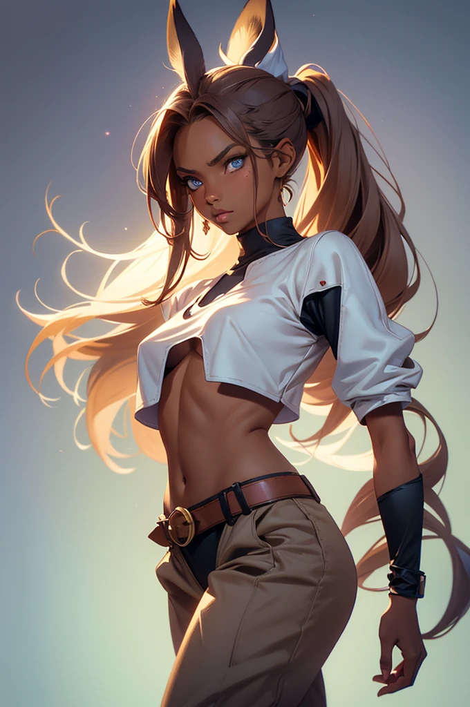 Bunny woman, rabbit woman, baggy pants, belt, blue eyes, tan skinned female, tanned, tan skin, dark skin, long pony tail, light brown hair, midriff, arm wraps, Official Art, Unity 8k Wallpaper, Ultra Detailed, Beautiful, High Quality, Beautiful, Masterpiece, Best Quality,, cowboy shot, bunny ears