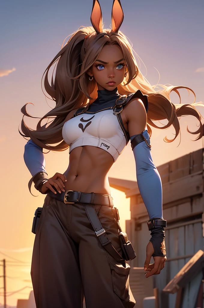 Bunny woman, rabbit woman, baggy pants, belt, blue eyes, tan skinned female, tanned, tan skin, dark skin, long pony tail, light brown hair, midriff, arm wraps, Official Art, Unity 8k Wallpaper, Ultra Detailed, Beautiful, High Quality, Beautiful, Masterpiece, Best Quality,, cowboy shot, bunny ears