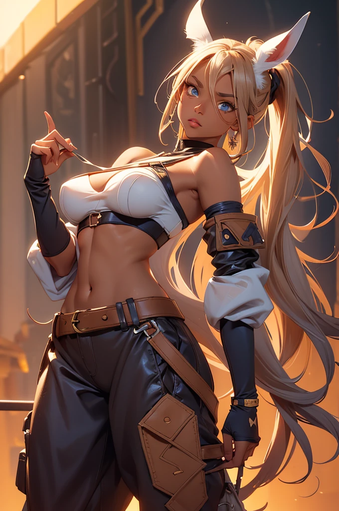 Bunny woman, rabbit woman, baggy pants, belt, blue eyes, tan skinned female, tanned, tan skin, dark skin, long pony tail, light brown hair, midriff, arm wraps, Official Art, Unity 8k Wallpaper, Ultra Detailed, Beautiful, High Quality, Beautiful, Masterpiece, Best Quality,, cowboy shot, bunny ears