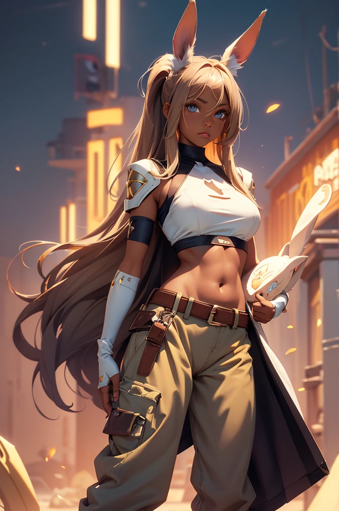 Bunny woman, rabbit woman, baggy pants, belt, blue eyes, tan skinned female, tanned, tan skin, dark skin, long pony tail, light brown hair, midriff, arm wraps, Official Art, Unity 8k Wallpaper, Ultra Detailed, Beautiful, High Quality, Beautiful, Masterpiece, Best Quality,, cowboy shot, bunny ears