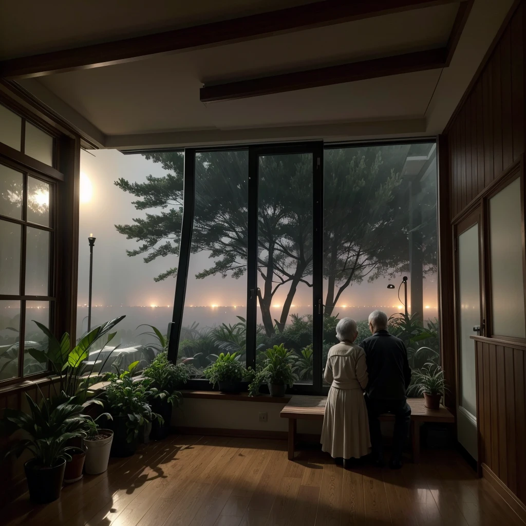 Modern mid-century living room dimly lit, outside is dark rainy nattas, (foggy rainy nattas: 1.2), Pacific Northwest, (diffused lights: 1.4), (moody lights: 1.2), plants, large plants, rainy days, monstr, many plants, (fogged up windows: 1.2), work of art, best qualityer, twilight, (natta: 1.4), rainy nattas, after sunset,
And an elderly couple holding hands watching from inside .