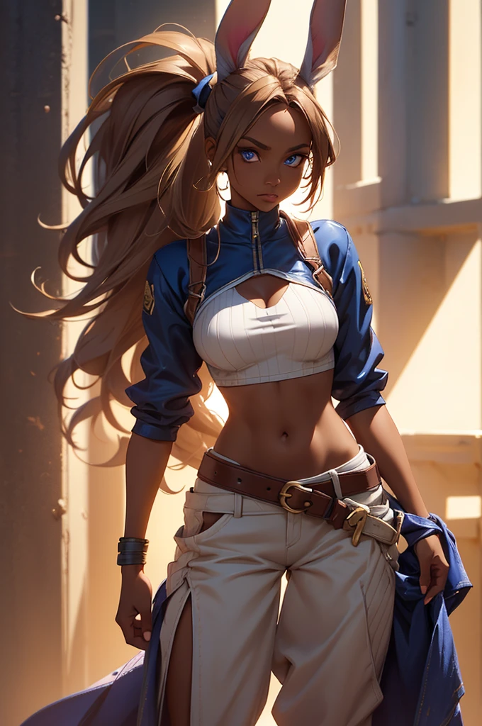 Bunny woman, rabbit woman, baggy pants, belt, blue eyes, tan skinned female, tanned, tan skin, dark skin, long pony tail, light brown hair, midriff, arm wraps, Official Art, Unity 8k Wallpaper, Ultra Detailed, Beautiful, High Quality, Beautiful, Masterpiece, Best Quality,, cowboy shot, bunny ears