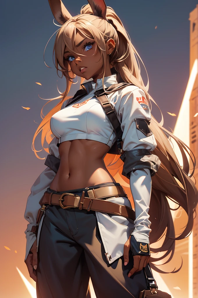 Bunny woman, rabbit woman, baggy pants, belt, blue eyes, tan skinned female, tanned, tan skin, dark skin, long pony tail, light brown hair, midriff, arm wraps, Official Art, Unity 8k Wallpaper, Ultra Detailed, Beautiful, High Quality, Beautiful, Masterpiece, Best Quality,, cowboy shot, bunny ears