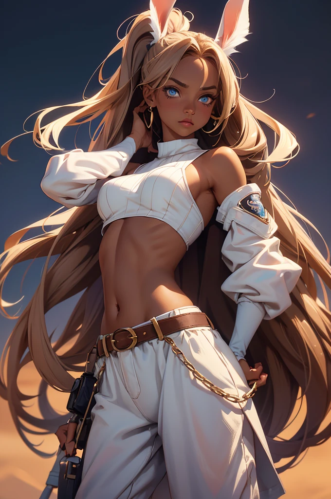 Bunny woman, rabbit woman, baggy pants, belt, blue eyes, tan skinned female, tanned, tan skin, dark skin, long pony tail, light brown hair, midriff, arm wraps, Official Art, Unity 8k Wallpaper, Ultra Detailed, Beautiful, High Quality, Beautiful, Masterpiece, Best Quality,, cowboy shot, bunny ears