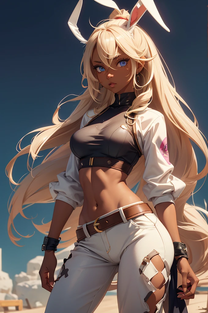 Bunny woman, rabbit woman, baggy pants, belt, blue eyes, tan skinned female, tanned, tan skin, dark skin, long pony tail, light brown hair, midriff, arm wraps, Official Art, Unity 8k Wallpaper, Ultra Detailed, Beautiful, High Quality, Beautiful, Masterpiece, Best Quality,, cowboy shot, bunny ears