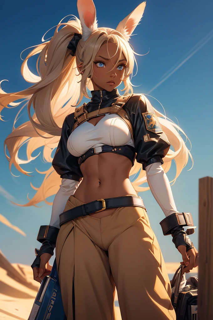 Bunny woman, rabbit woman, baggy pants, belt, blue eyes, tan skinned female, tanned, tan skin, dark skin, long pony tail, light brown hair, midriff, arm wraps, Official Art, Unity 8k Wallpaper, Ultra Detailed, Beautiful, High Quality, Beautiful, Masterpiece, Best Quality,, cowboy shot, bunny ears