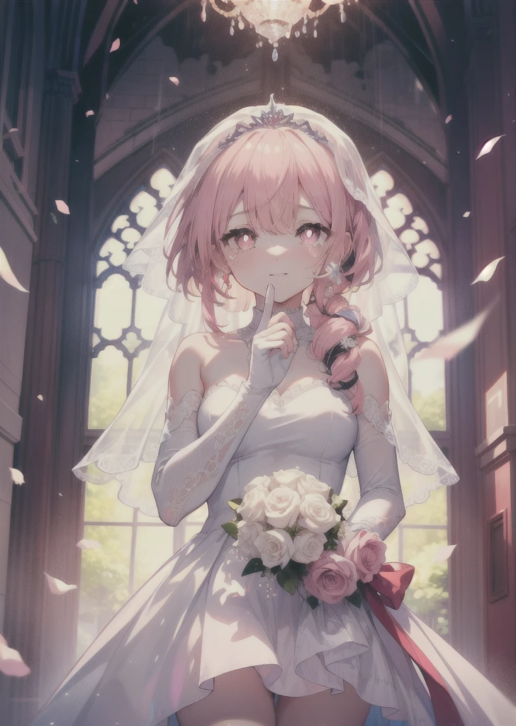 rubyhoshino, Ruby Hoshino, Long Hair, bangs, Blonde, (Pink Eyes:1.3), (Symbol-shaped pupil:1.5), Multicolored Hair, Two-tone hair, smile,Open your mouth,Close both eyes,Tears stream down her face,Tears of joy,I cry a lot,Wedding dress,Veil,bouquet,wedding,Flower storm,
break indoors, church,Chapel,
break looking at viewer,Upper Body, (Cowboy Shot:1.5),
break (masterpiece:1.2), Highest quality, High resolution, unity 8k wallpaper, (figure:0.8), (Beautiful attention to detail:1.6), Highly detailed face, Perfect lighting, Highly detailed CG, (Perfect hands, Perfect Anatomy),