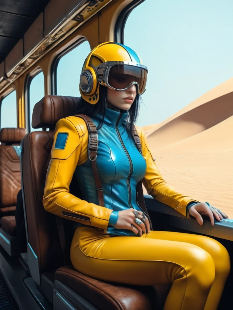 ral-opal, meahophontron, cyberpunk, (yellow suit, blue, Brown, gray, soft tones) With futuristic armor, (desert cyberpunk city) colores bluees, black, grayes con tonanalidades suaves, background image: (driving through the sea, coach, with yellow and brown interior) (foto donde se le ve sentada en el coach con la puerta abierta) light tones (cyberpunk woman helmet) symmetry