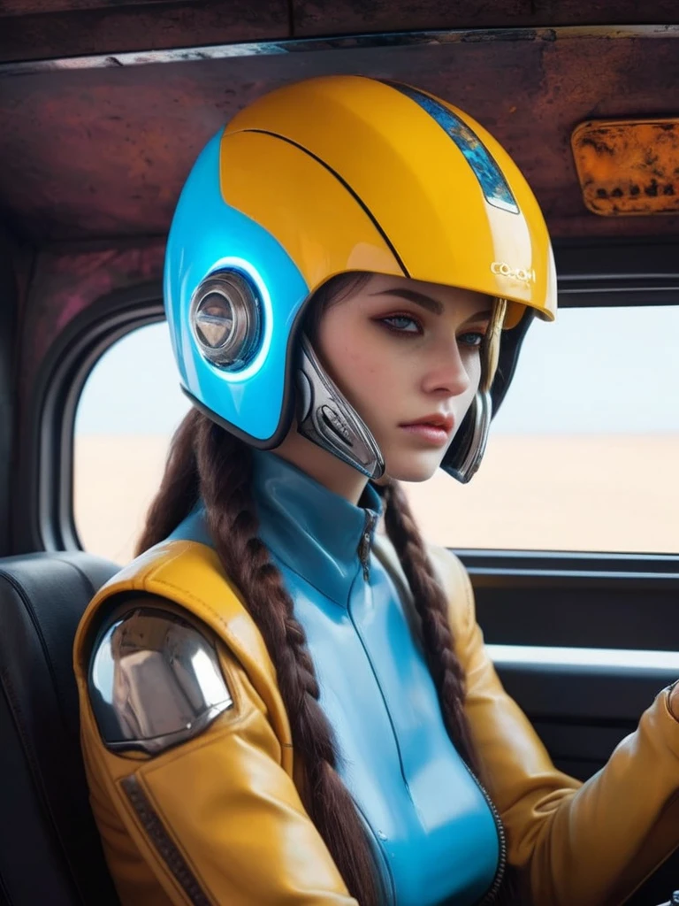 ral-opal, meahophontron, cyberpunk, (yellow suit, blue, Brown, gray, soft tones) With futuristic armor, (desert cyberpunk city) colores bluees, black, grayes con tonanalidades suaves, background image: (driving through the sea, coach, with yellow and brown interior) (foto donde se le ve sentada en el coach con la puerta abierta) light tones (cyberpunk woman helmet) symmetry