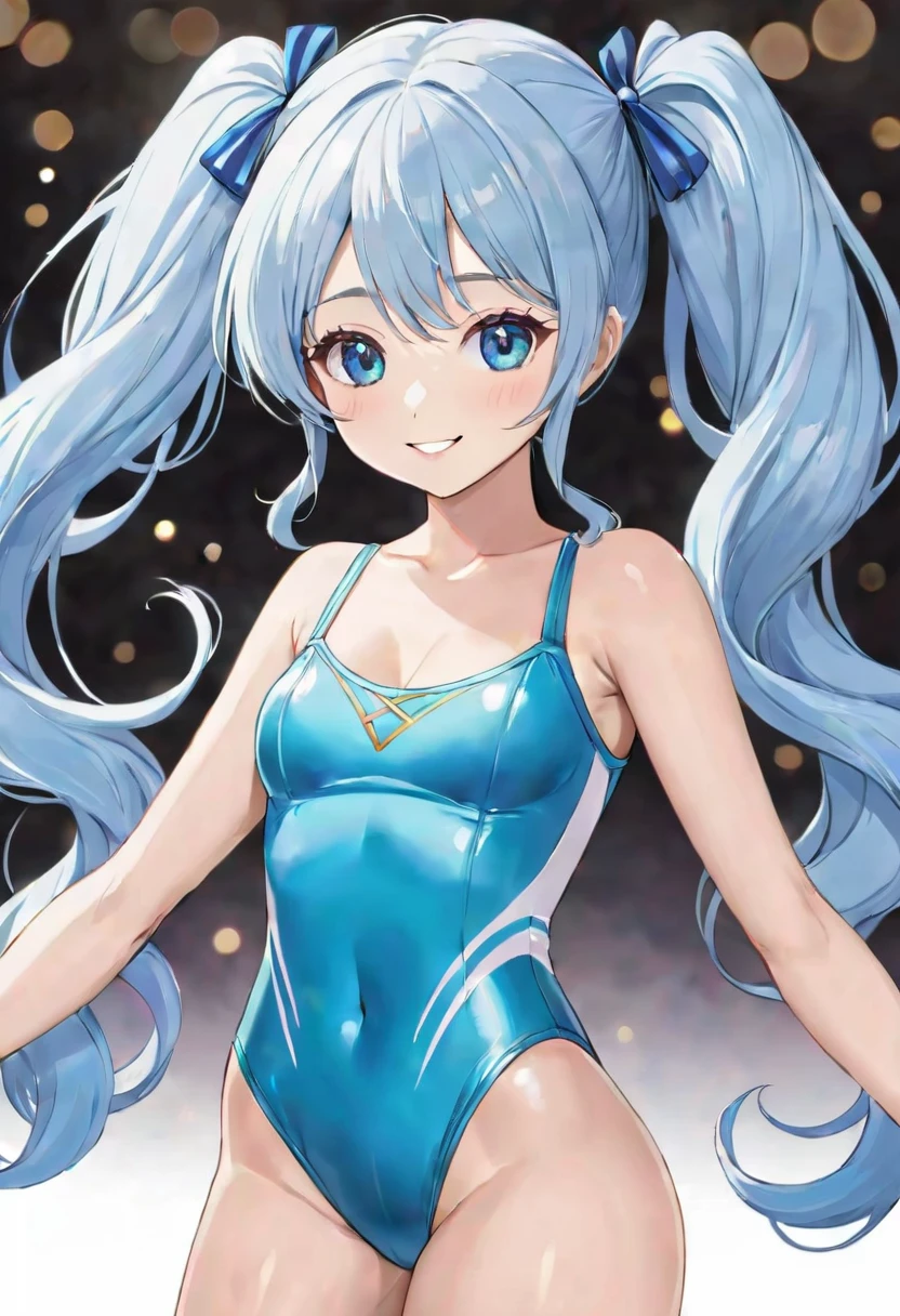 Beautiful girl with long light blue hair, twin tails, rhythmic gymnastics ribbon, cute leotard, bright smile