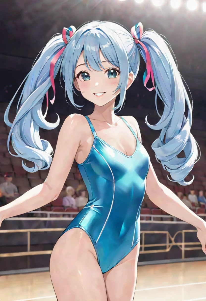 Beautiful girl with long light blue hair, twin tails, rhythmic gymnastics ribbon, cute leotard, bright smile