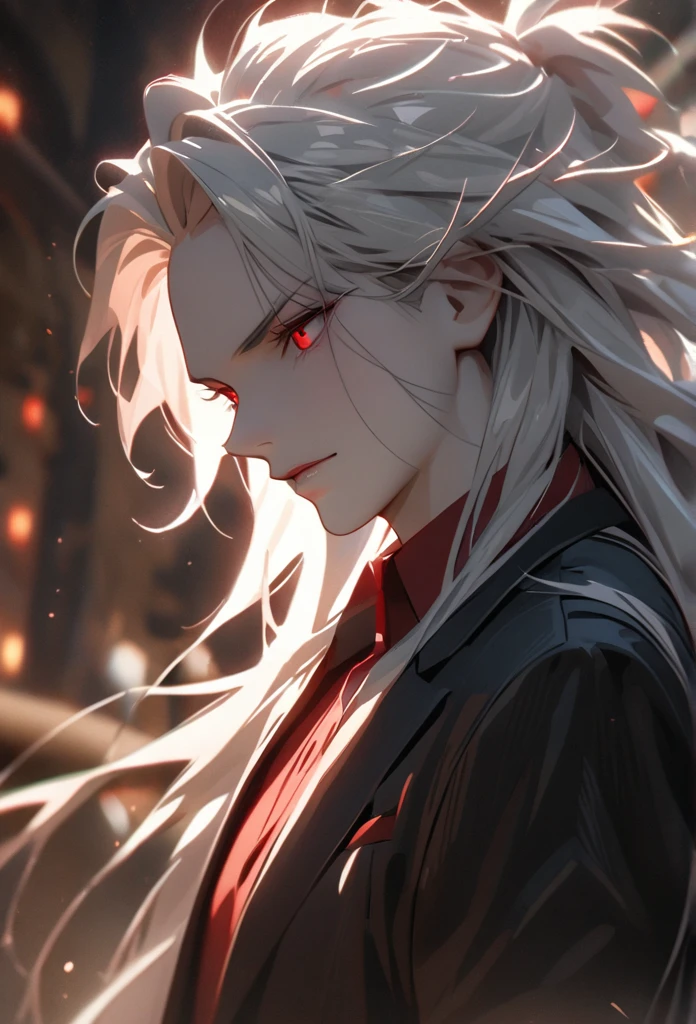 (solo), masculine, white hair, messy hair, mane hair, long hair, dense hair, wild hair, expressive hair, mature,(25 year old), pale skin, red eyes, ((man)), wearing black suit, red shirt, vampire, serious grinning, handsome, attractive, eye reflection, depth of field, thunder aura,cinematic lighting, ray tracing, depth of field, cinematic lighting, ray tracing, UHD, high details, best quality, highres, high quality, award winning, super detail, masterpiece, 8k, UHD, high details, best quality, highres, high quality, award winning, super detail, masterpiece, 8k, digital art, anime coloring, ((body shot)), good face, perfect face, detailed face, good eyes, facing foward