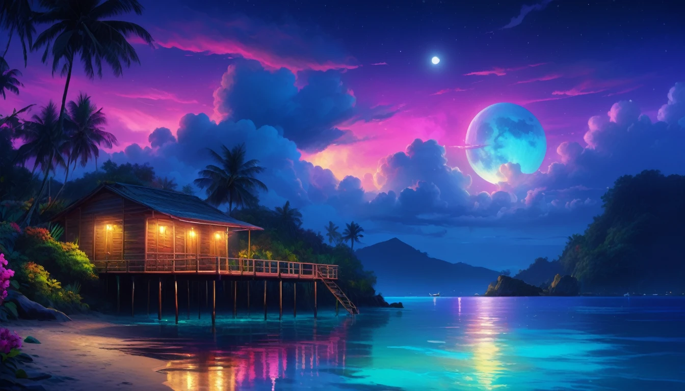 painting of a neon moonlight,dock areas, Bougainville decoration , 4k hd, moonlight, cloud,ocean, moonlight reflection,beautiful art uhd 4 k, a beautiful artwork illustration, beautiful digital painting, highly detailed digital painting, beautiful digital artwork, detailed painting 4 k, very detailed digital painting, rich picturesque colors, gorgeous digital painting