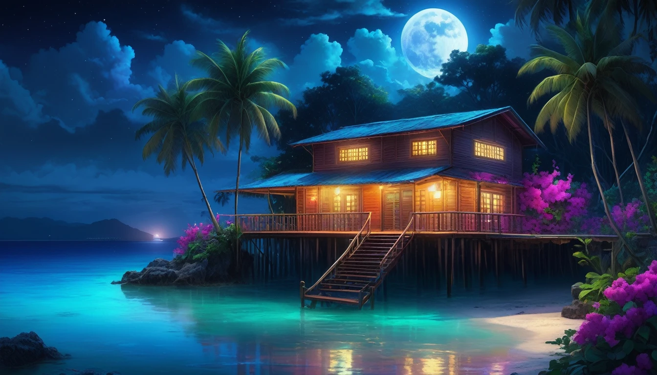 painting of a neon moonlight,dock areas, Bougainville decoration , 4k hd, moonlight, cloud,ocean, moonlight reflection,beautiful art uhd 4 k, a beautiful artwork illustration, beautiful digital painting, highly detailed digital painting, beautiful digital artwork, detailed painting 4 k, very detailed digital painting, rich picturesque colors, gorgeous digital painting