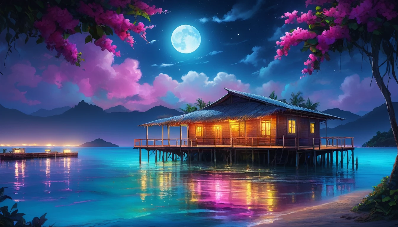 painting of a neon moonlight,dock areas, Bougainville decoration , 4k hd, moonlight, cloud,ocean, moonlight reflection,beautiful art uhd 4 k, a beautiful artwork illustration, beautiful digital painting, highly detailed digital painting, beautiful digital artwork, detailed painting 4 k, very detailed digital painting, rich picturesque colors, gorgeous digital painting
