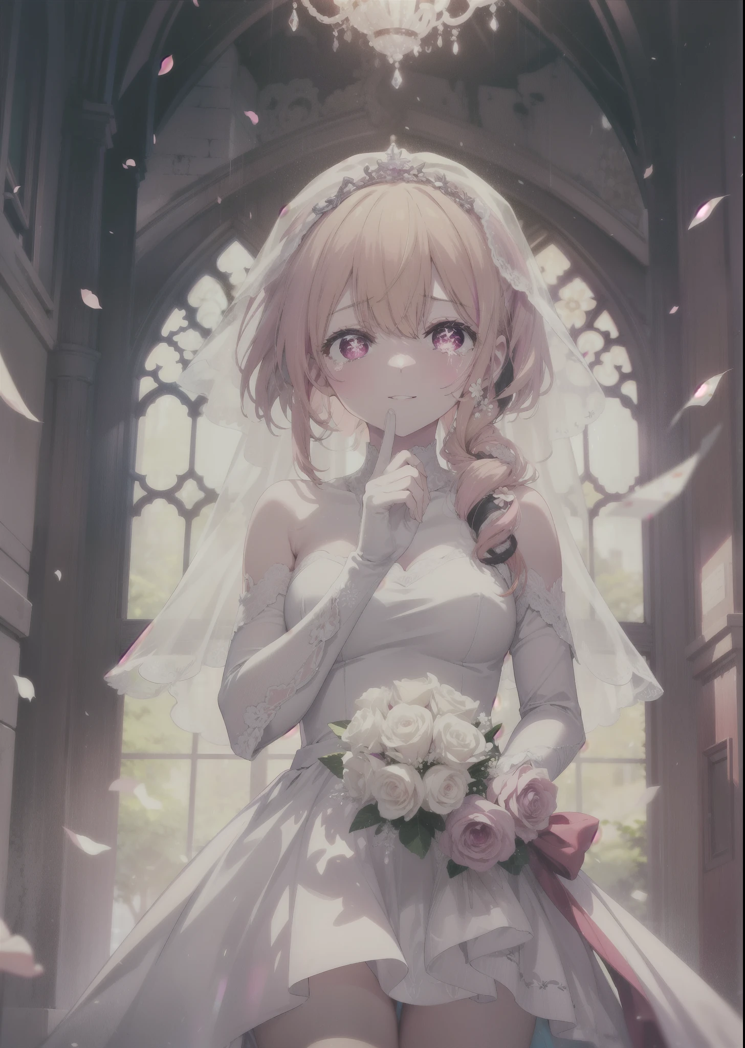 rubyhoshino, Ruby Hoshino, Long Hair, bangs, Blonde, (Pink Eyes:1.3), (Symbol-shaped pupil:1.5), Multicolored Hair, Two-tone hair, smile,Open your mouth,Close both eyes,Tears stream down her face,Tears of joy,I cry a lot,Wedding dress,Veil,bouquet,wedding,Flower storm,
break indoors, church,Chapel,
break looking at viewer,Upper Body, (Cowboy Shot:1.5),
break (masterpiece:1.2), Highest quality, High resolution, unity 8k wallpaper, (figure:0.8), (Beautiful attention to detail:1.6), Highly detailed face, Perfect lighting, Highly detailed CG, (Perfect hands, Perfect Anatomy),