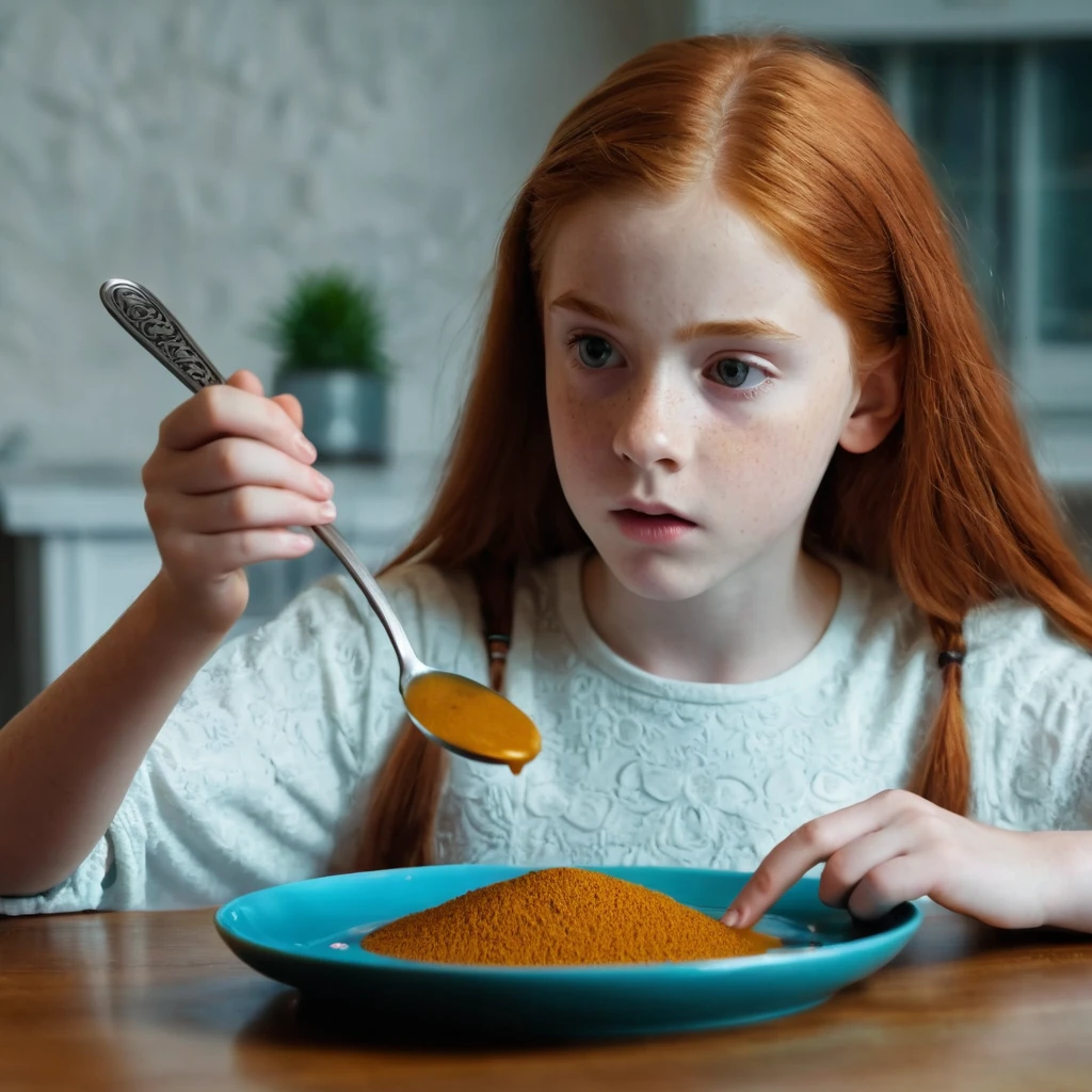 a beautiful redhead girl using very concentrated telekinesis floats a spoon in the air over the plate on the table at home very realistic cinematic science fiction