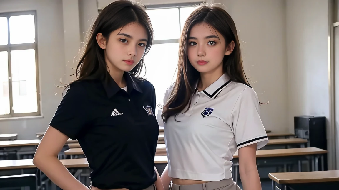 deux femmes ensemble de 18 ans sexy et mince , short sleeve uniform de sport, salle de classe, se touche,position sey,sensuel