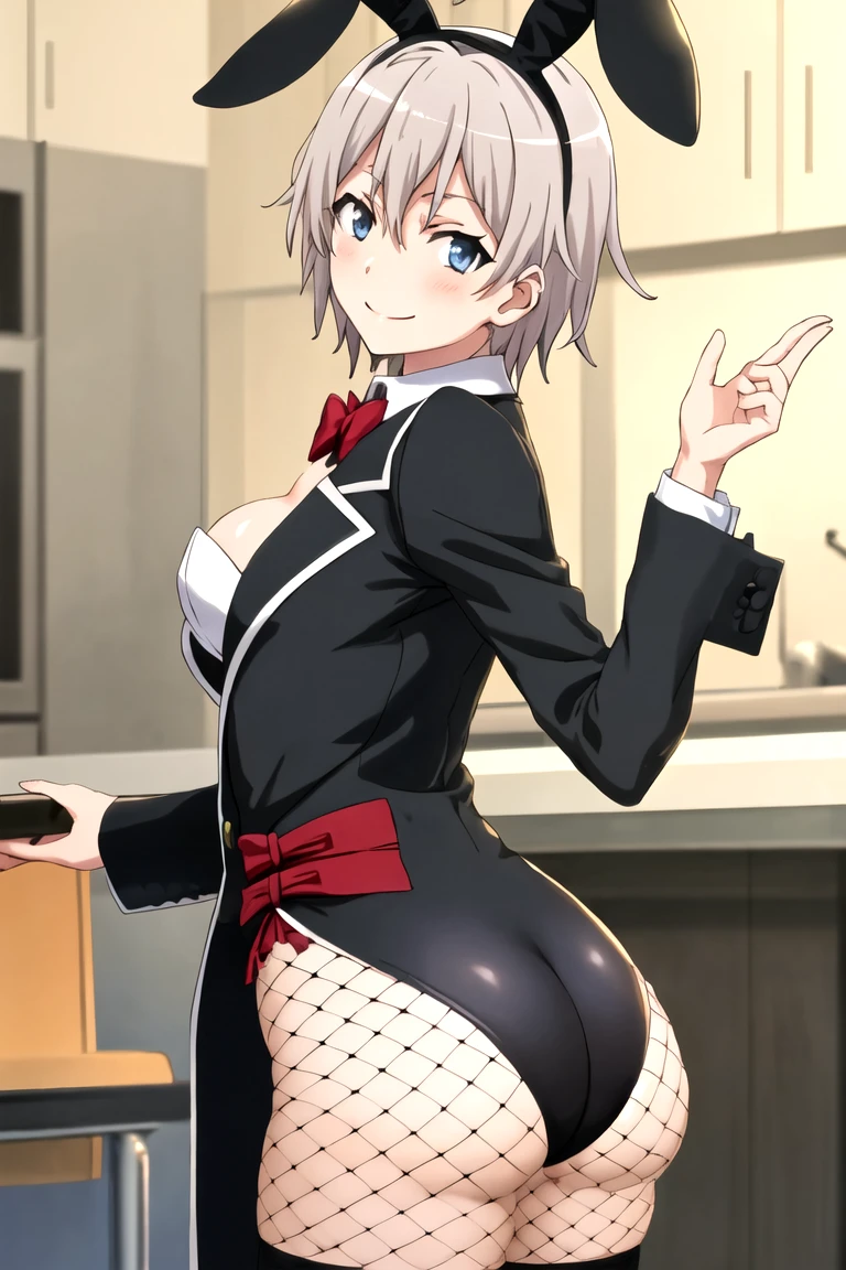 totsuka_almost_yahariorenoseishunlovecomewamachigatteiru grey_hair, short_hair, male_focus, blue_eyes, smile, playboy bunny, Playboy lasts, fishnet stockings, the breasts do not fill the suit, fat butt, 