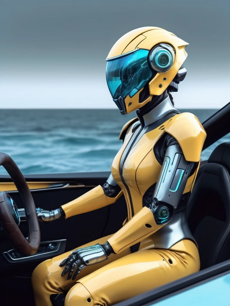 ral-opal, meahophontron, cyberpunk, woman ROBOT DEMON futuristic helmet (light yellow suit, black gray, light blue brown) With futuristic armor, (along with a supercar) blue colors, negro, gris con soft tones hdr, background image: (driving through the sea) soft tones