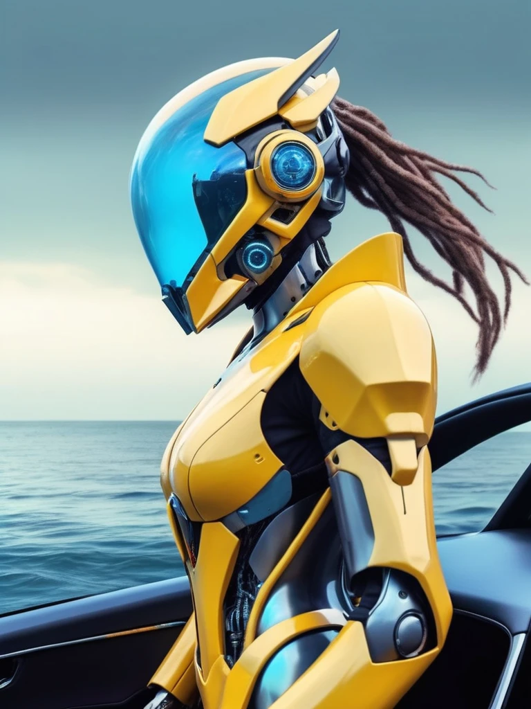 ral-opal, meahophontron, cyberpunk, woman ROBOT DEMON futuristic helmet (light yellow suit, black gray, light blue brown) With futuristic armor, (along with a supercar) blue colors, negro, gris con soft tones hdr, background image: (driving through the sea) soft tones