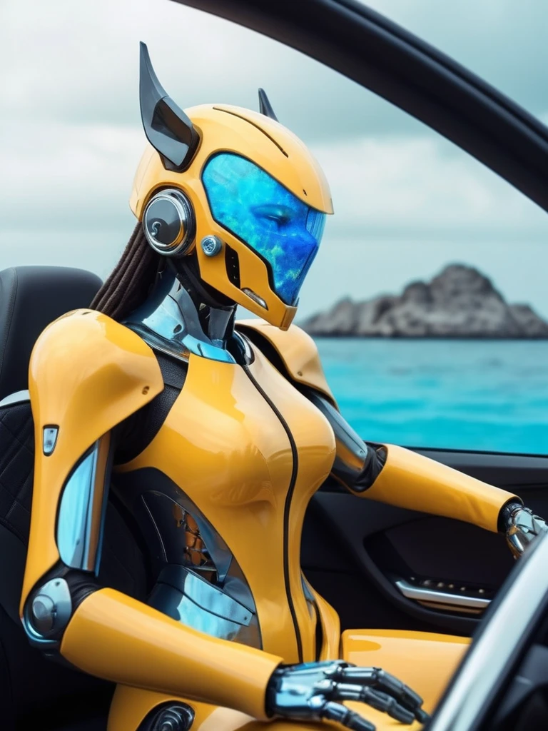 ral-opal, meahophontron, cyberpunk, woman ROBOT DEMON futuristic helmet (light yellow suit, black gray, light blue brown) With futuristic armor, (along with a supercar) blue colors, negro, gris con soft tones hdr, background image: (driving through the sea) soft tones
