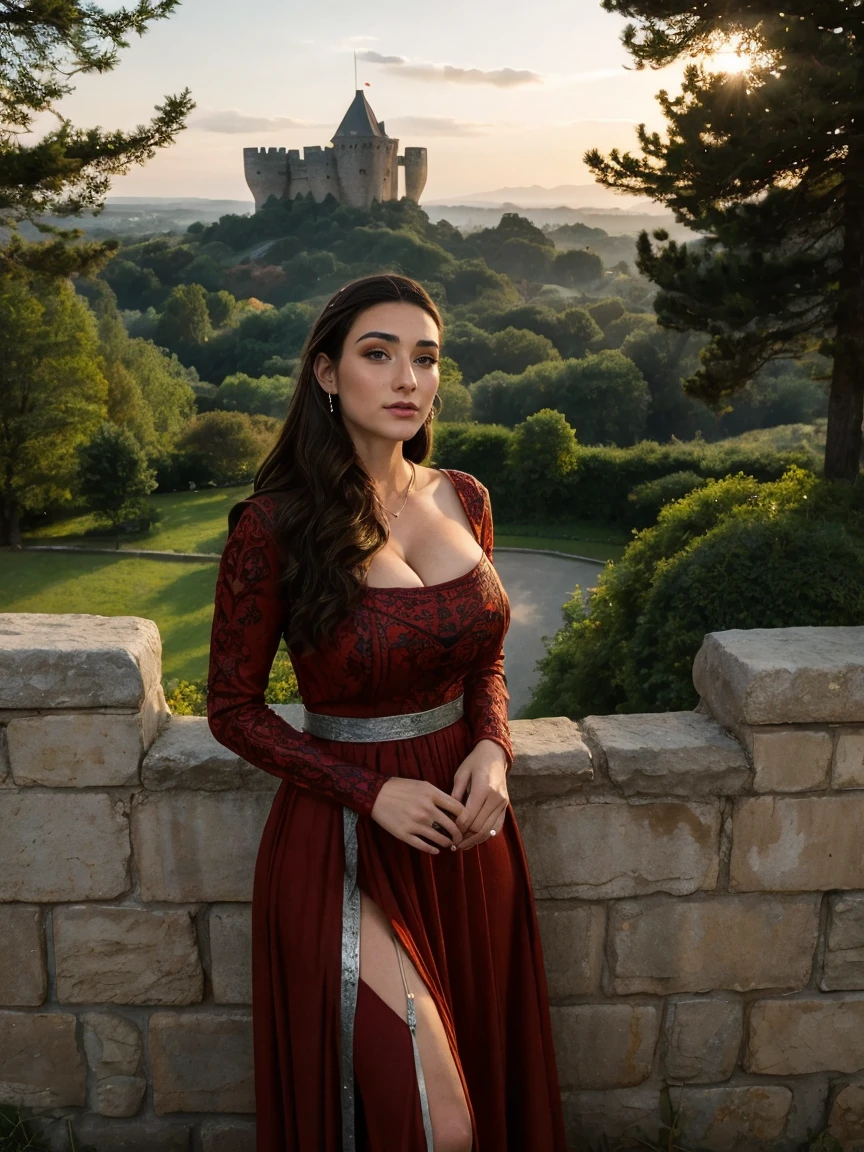 Gorgeous and sultry busty athletic (thin) brunette queen with sharp facial features wearing a modest updo, dark red medieval dress, long sleeves, intricate patterns, embroidery, wide neck, crown, veil, long dress, tight bodice, (silver waist chain), medieval jewelry, Middle Ages, castle, rampart, wall, exterior, on top of a castle wall, trees, countryside, evening, sunset.