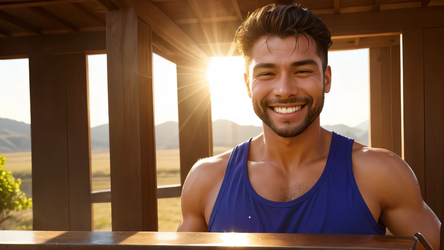 A man working and sweating　A refreshing smile　sun　Sweat flowing