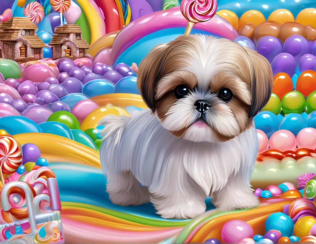 candyland，House made of candy，shih tzu puppies, 8k，high quality，masterpiece，Super fine