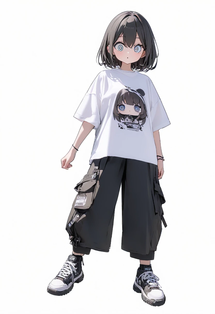 (Highest、Highest画質:1.2、8k), Center, whole body,1 female, Street style shirts, Black wide pants, simple sneakers, Simple Background, White background, Big eyes, Delicate eyes, Beautiful Eyes