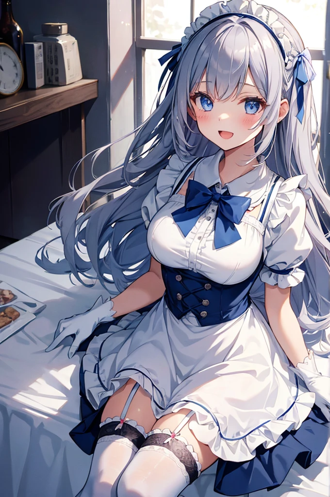 1girl, solo, long hair, breasts, looking at viewer, blush, smile, open mouth, bangs, blue eyes, large breasts, thighhighs, gloves, dress, bow, ribbon, holding, cleavage, sitting, collarbone, hair ribbon, flower, short sleeves, grey hair, heart, thighs, frills, puffy sleeves, white gloves, bowtie, apron, white thighhighs, puffy short sleeves, maid, maid headdress, detached collar, blue dress, rose, garter straps, frilled dress, white flower, waist apron, lace trim, blue footwear, bouquet