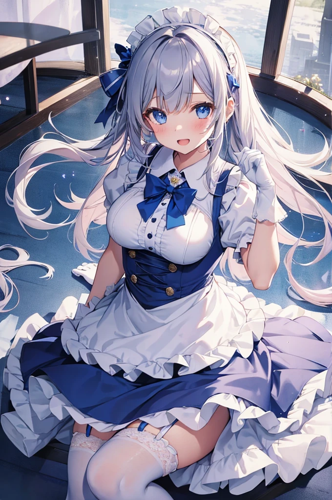 1girl, solo, long hair, breasts, looking at viewer, blush, smile, open mouth, bangs, blue eyes, large breasts, thighhighs, gloves, dress, bow, ribbon, holding, cleavage, sitting, collarbone, hair ribbon, flower, short sleeves, grey hair, heart, thighs, frills, puffy sleeves, white gloves, bowtie, apron, white thighhighs, puffy short sleeves, maid, maid headdress, detached collar, blue dress, rose, garter straps, frilled dress, white flower, waist apron, lace trim, blue footwear, bouquet