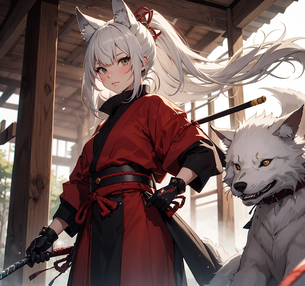 ((best qualityer)), ((work of art)), (detailded), 1 girl, ombro to ombro sweater, Japanese samurai warrior with Kitsune mask in hand