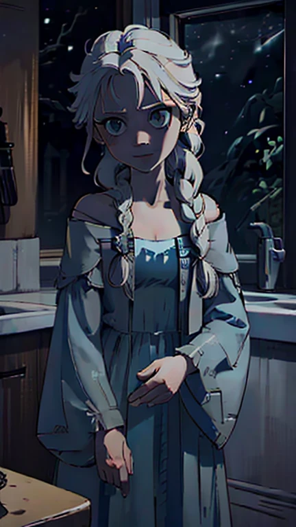 best quality,masterpiece,1girl,solo,(((13years old))),japanese girl,an extremely cute and handsome girl,highly detailed beautiful face and eyes,petit,cute face,lovely face,baby face,shy smile,show teeth, white hair,long hair,flat chest,skinny,slender,(((wearing a ElsaWaifu, cleavage, blue dress, single braid over shoulder))),(((standing in Dark Midnight reelunsettling
indoors
solo))),she is looking at the viewer,StopMotion style,upper body, (at night, darkness, no light:1.4)