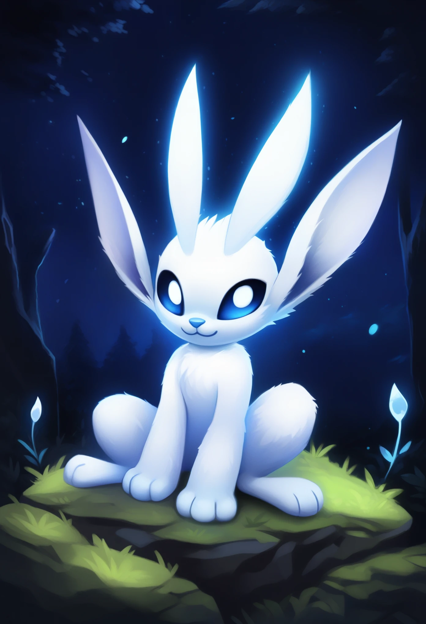 score_9, score_8_up, score_7_up,  source_furry, ori and the blind forest, Ori, furry, dark blue sclera, white pupils, white body fur, big animal ears, blue nose, :3, detailed body fur, detailed face, detailed eyes, full body, feets with three toes, 3 toes, night sky, forest, sit on rock, field, glowing body, solo, 