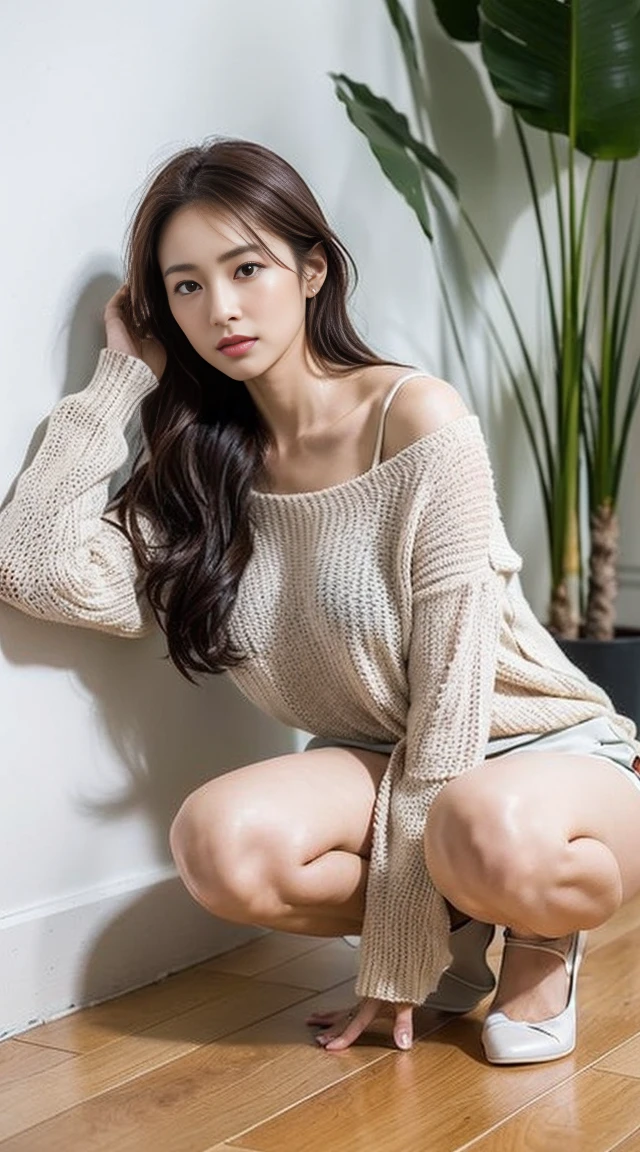 Dark brown hair、Light brown eyes、Japanese actress、 Lady、I am about 40 years old...、(Intricate details:1.2)、(Which is higher???:1.4)、 (Ultra-high resolution:1.2)、Ultra-high resolution、(Fine-tune)、(Detailed facial features)、Hmph、8k resolution、D cup size breasts、Long Hair、Bright bathroom with sunlight shining in、Large windows、Extravagant space、relax、、,Full body photo、Head to toe shot、Beautiful feet、red Off-the-shoulder knit、Beautiful feet、A refreshing room filled with sunlight、she, household items, (plant:0.8), Fashion Hub, Extremely detailed, Very detailed, Realistic, Hourglass Shaped Body, Obscene pose,、、私 cry a lot、tears、person on the left、White wall、White floor、diagonally from below、Please lift your chin、Press your butt against the wall、relaxした表情、Pose of Weakness、