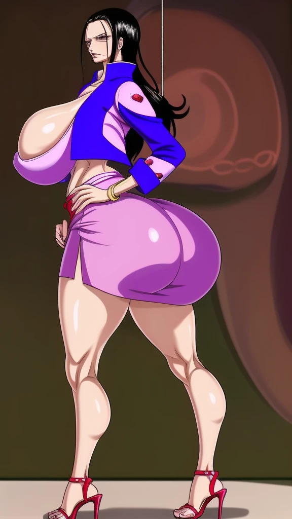 A mature woman of 35 years of age, she is tall, She has a curvy and elongated body., she has long legs, she has wide hips, she has a narrow waist, she is standing posing provocatively, Whole body, she has huge breasts, she has a huge ass, Nico Robin, she is thin, she is slender, at all times_when, us robin, open toe and heel high heels with a single hook or toe fit, side view, short top-style jacket with closure closed in the middle creating a provocatively revealing neckline, long, loose pink skirt that reaches to the feet and is very translucent, his butt is too thick and heavy, milf, HdR, 8k