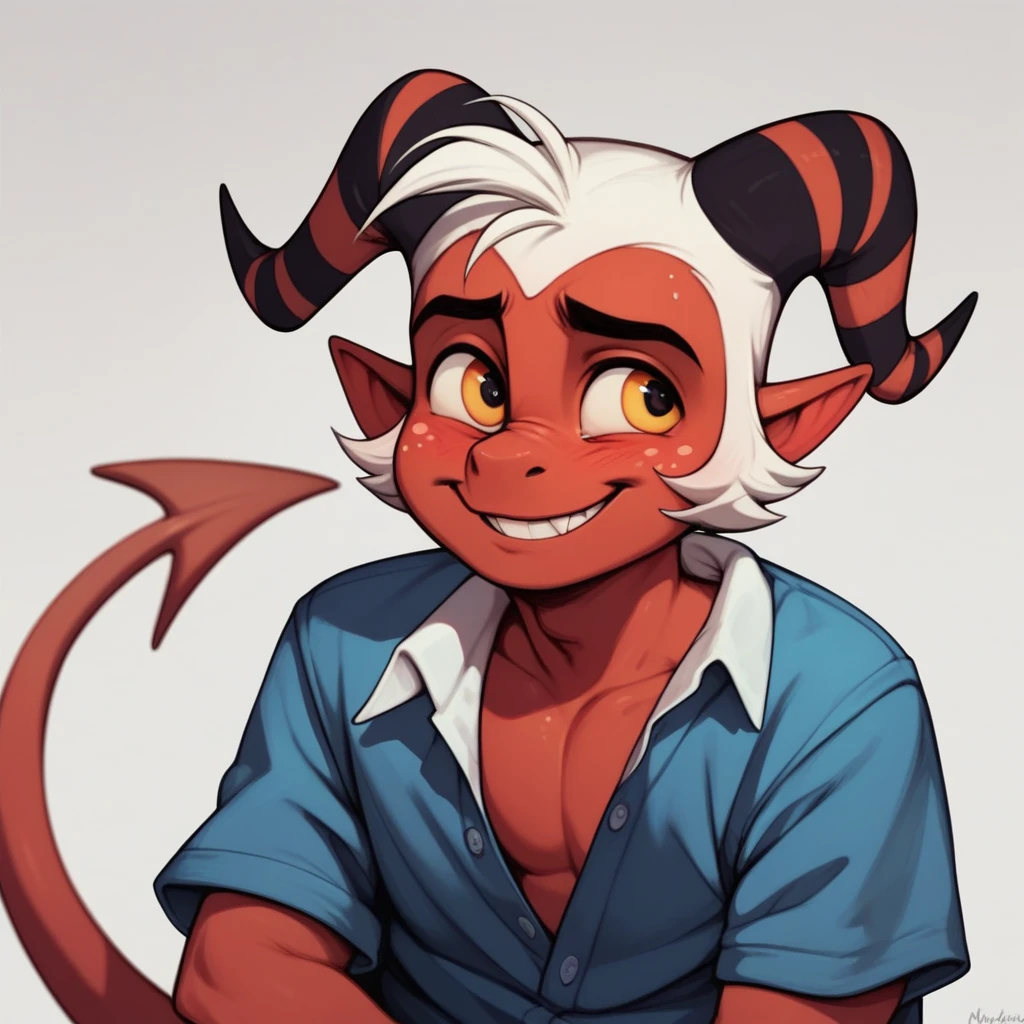 1 boy, solo, imp, red skin, Moxxie, slightly blushed, shy smile,