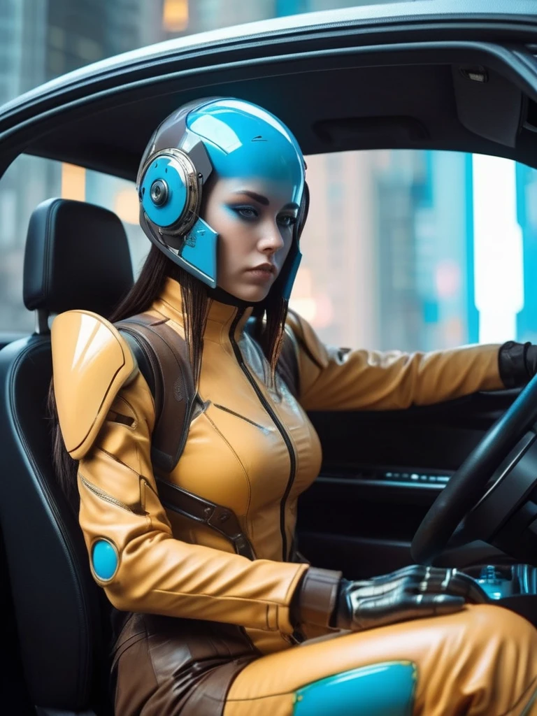 symmetry, abstract, ral-opal, meahophontron, cyberpunk, (yellow suit, blue, Brown, gray, soft tones) With futuristic armor, (desert cyberpunk city) colores bluees, black, grayes con tonanalidades suaves, background image: (walls with yellow and brown interior) (photo where she is seen sitting in the car with the door open) light tones (cyberpunk woman helmet) symmetry