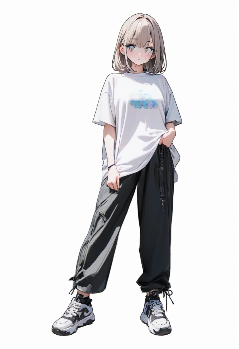 (Best, Highest quality: 1.2, 8K), Centre, Full Length, 1 Woman, Street Style Shirt, Black Wide Pants, Simple Sneakers, Simple Background, White Background, Large Eyes, Delicate Eyes, Beautiful Eyes