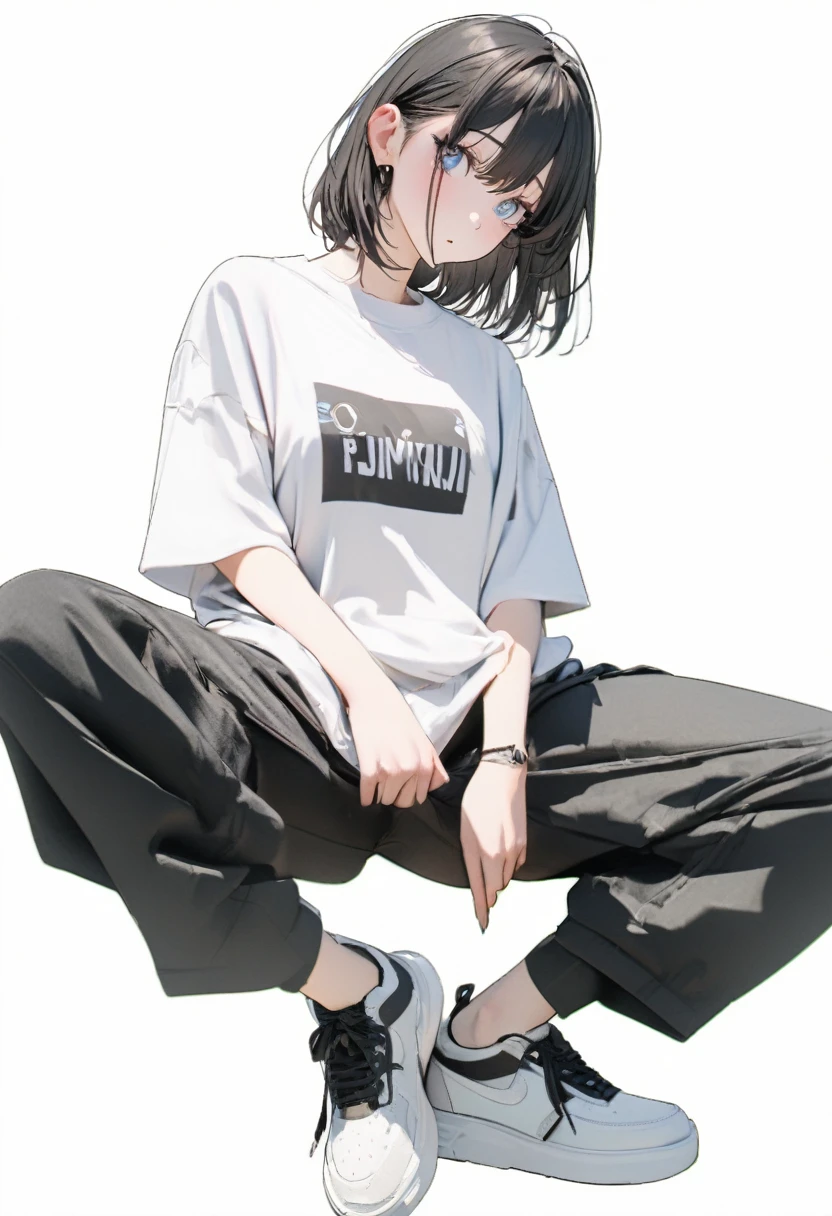 (Best, Highest quality: 1.2, 8K), Centre, Full Length, 1 Woman, Street Style Shirt, Black Wide Pants, Simple Sneakers, Simple Background, White Background, Large Eyes, Delicate Eyes, Beautiful Eyes