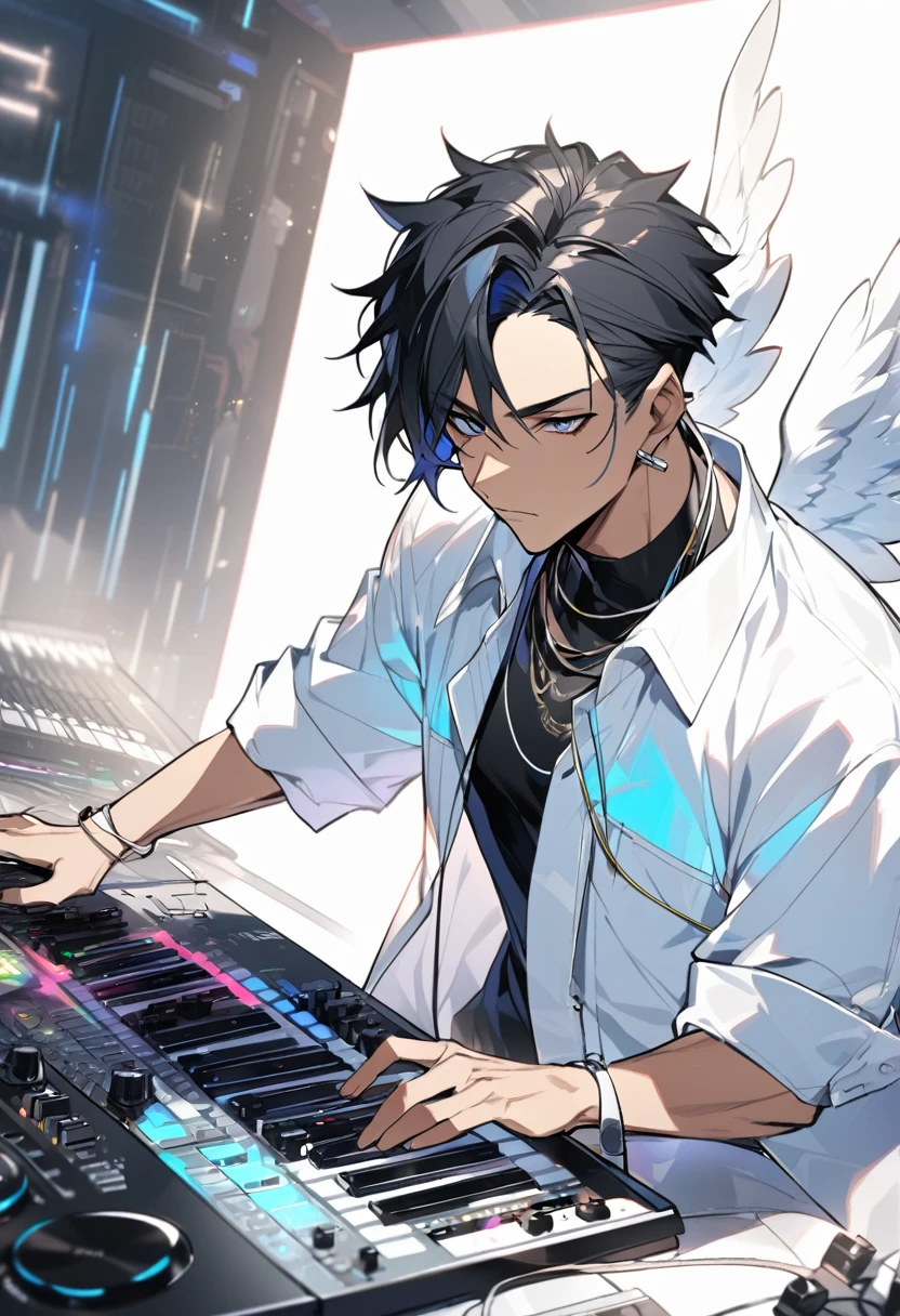 A male buff angel that IS a dj of Electronic music and has Black anime hair. He is mixing music on his DJ keyboard. He looks like an angel.