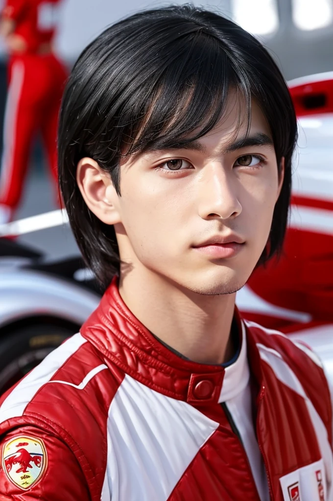 Black-haired boy with gray eyes and short straight hair, with the red Ferrari uniform in formula one. He has slanted eyes and white skin. 