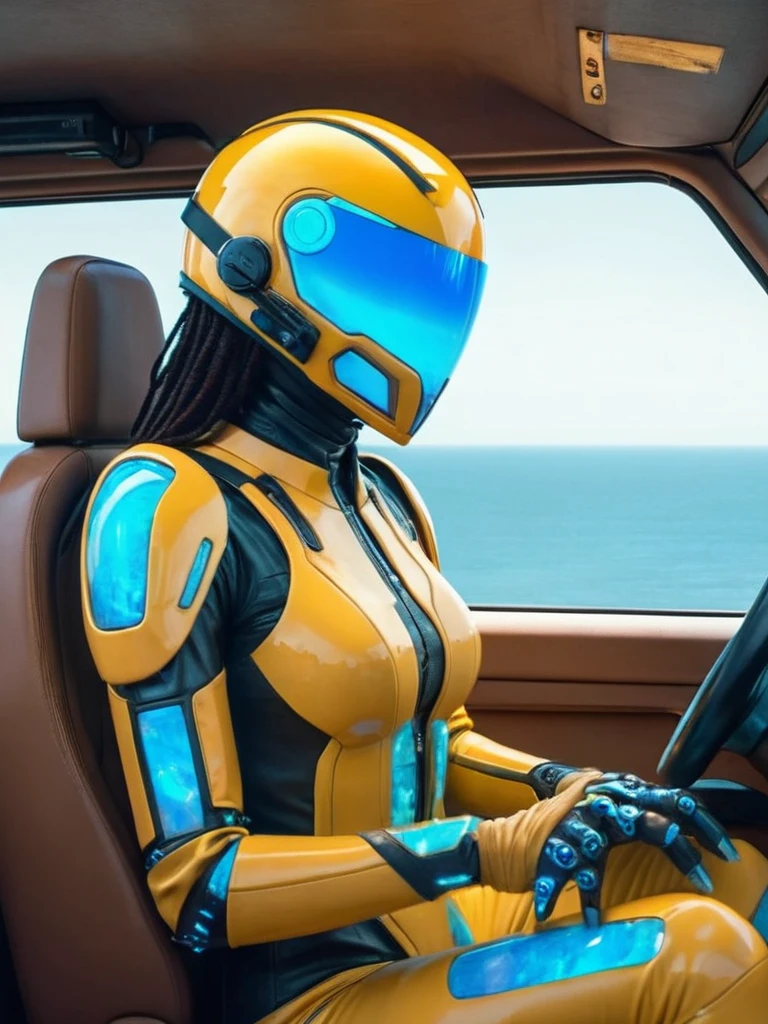ral-opal, meahophontron, cyberpunk, (yellow suit, blue, Brown, gray, soft tones) With futuristic armor, (desert cyberpunk city) colores bluees, black, grayes con tonanalidades suaves, background image: (driving through the sea) (photo where she is seen sitting in the car with the door open) light tones (cyberpunk woman helmet) symmetry