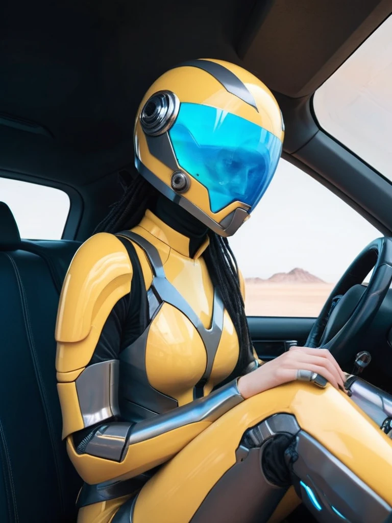 ral-opal, meahophontron, cyberpunk, (yellow suit, blue, Brown, gray, soft tones) With futuristic armor, (desert cyberpunk city) colores bluees, black, grayes con tonanalidades suaves, background image: (driving through the sea) (photo where she is seen sitting in the car with the door open) light tones (cyberpunk woman helmet) symmetry