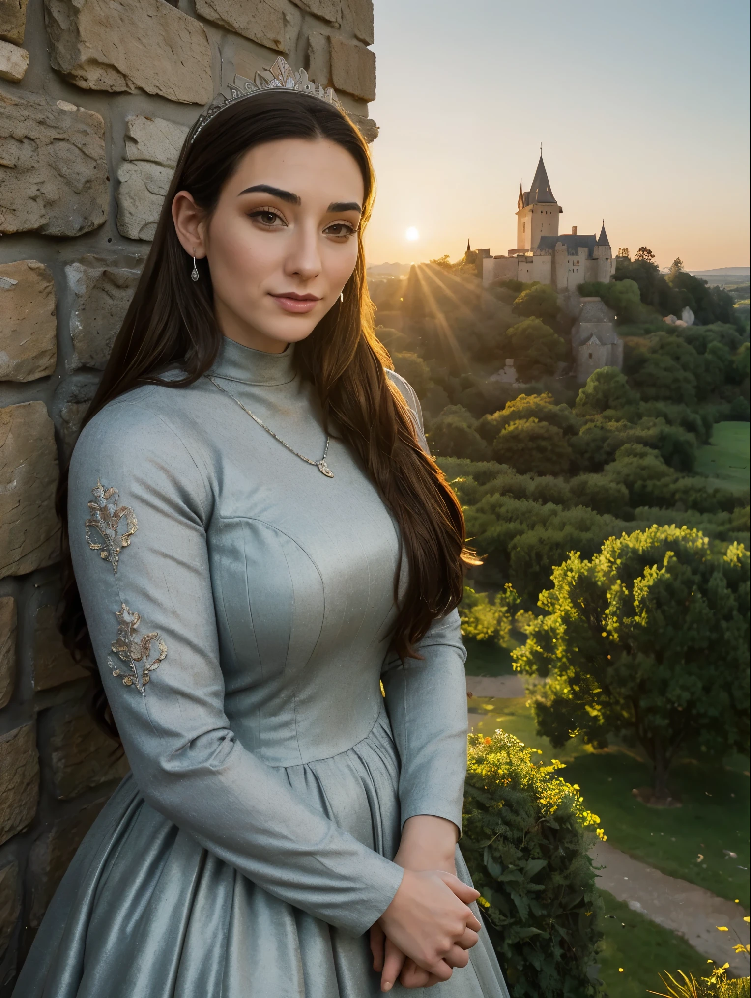 Beautiful and regal, imperious and aloof, busty athletic (thin) brunette queen with sharp facial features wearing a modest updo, dark red medieval dress, long sleeves, intricate patterns, embroidery, wide neck, crown, veil, long dress, modest dress, tight bodice, (silver waist chain), medieval jewelry, Middle Ages, castle, rampart, wall, exterior, on top of a castle wall, trees, countryside, evening, sunset.