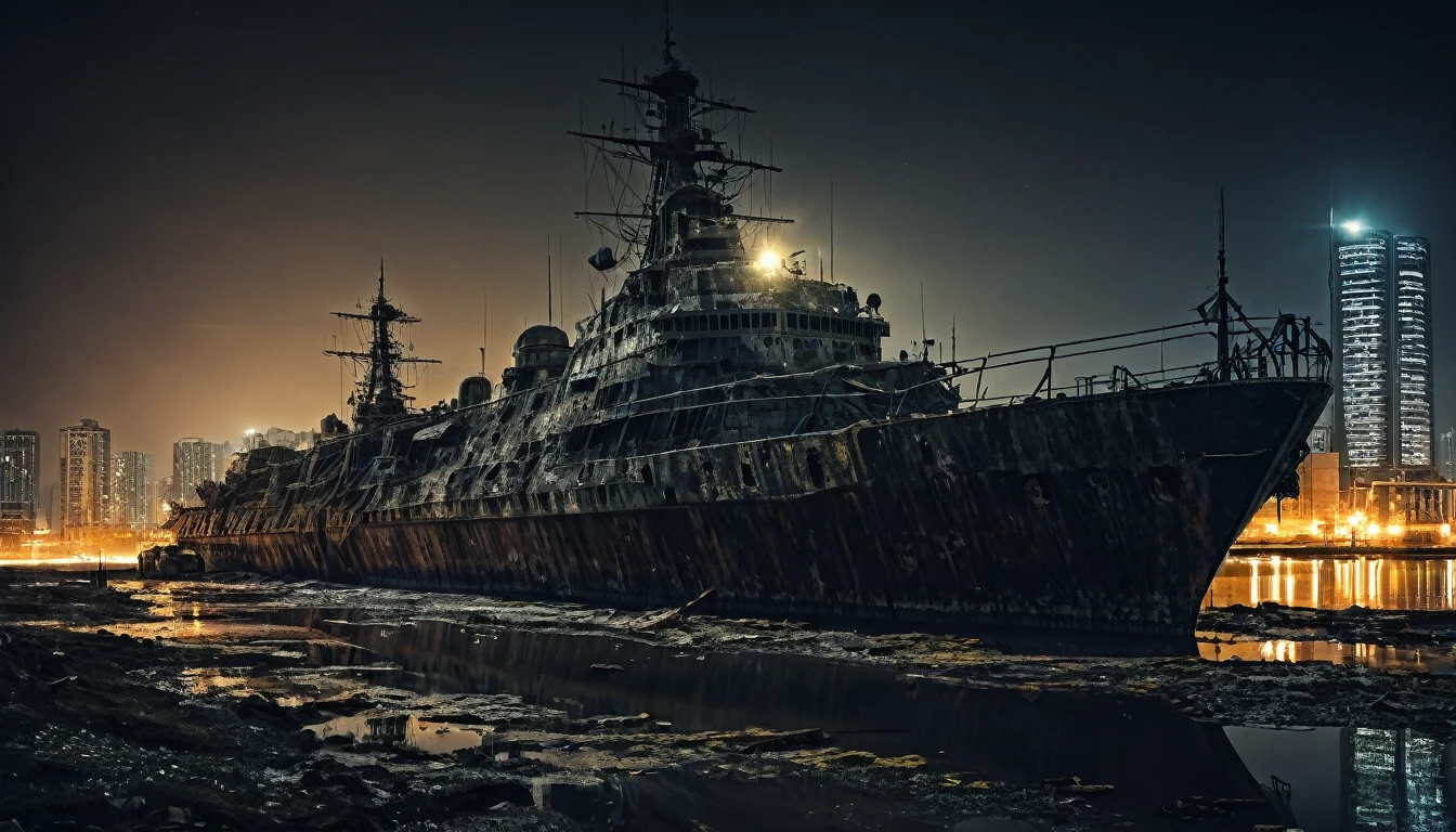 rusty big warship abandoned post apocalyptic night city