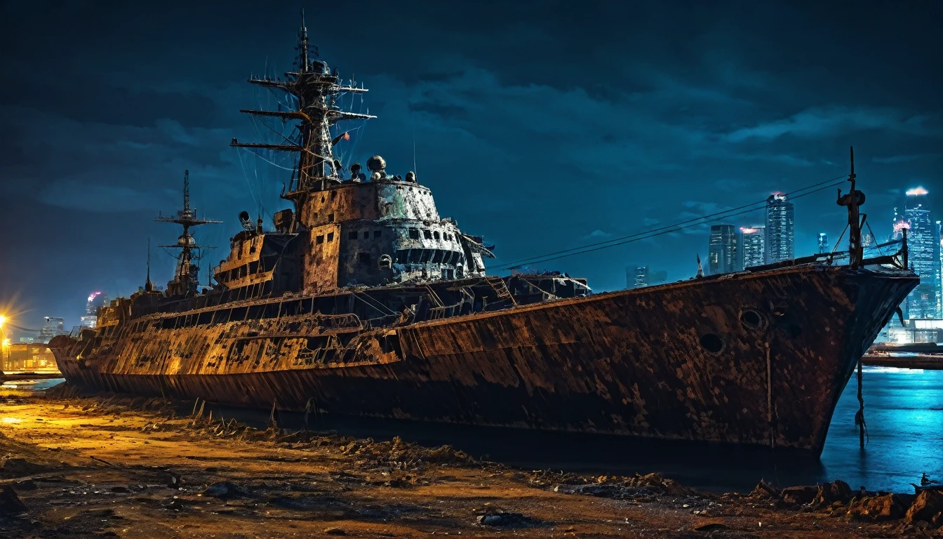 rusty big warship abandoned post apocalyptic night city