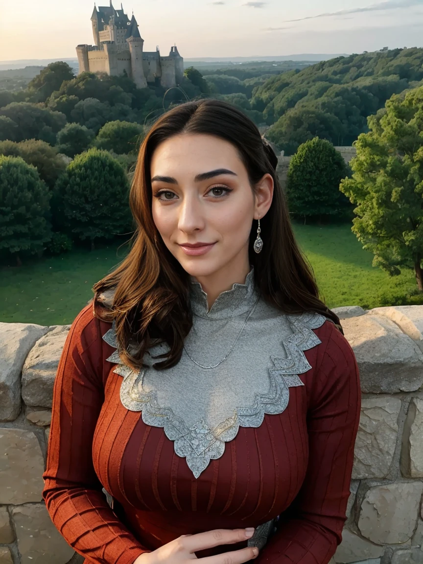 Beautiful and regal, imperious and aloof, busty athletic (thin) brunette queen with sharp facial features wearing a modest updo, dark red medieval dress, long sleeves, intricate patterns, embroidery, wide neck, crown, veil, long dress, modest dress, tight bodice, (silver waist chain), medieval jewelry, Middle Ages, castle, rampart, wall, exterior, on top of a castle wall, trees, countryside, evening, sunset.
