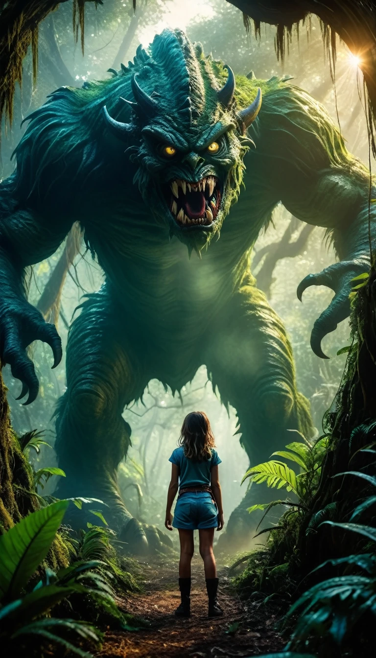 jungle adventure, horror, fantasy,other worlds, absrtact, realistic photo, 1 girl, monster, full body shot, panoramic view, girl and monster in jugle, cinematic,